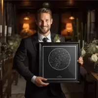 A groom holding a star map print gift